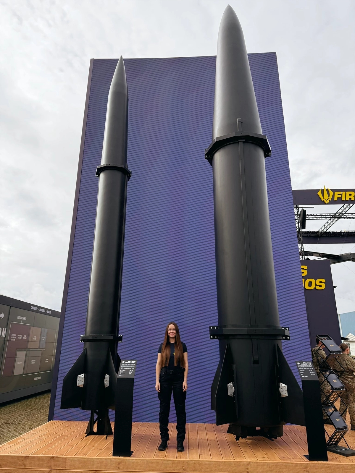 Models of the Ukrainian FP-7 (left) and FP-9 (right) ballistic missiles at the DALO Industry Days defense exhibition in Denmark
