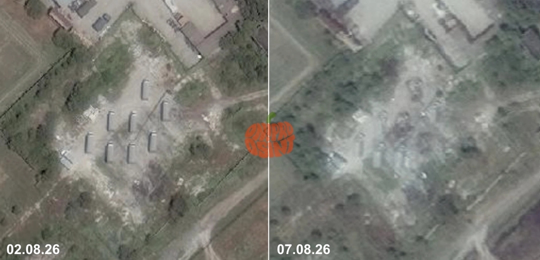 The Volna Kupol Garant system deployed near Gelendzhik (left), destroyed by Ukrainian strikes (right)