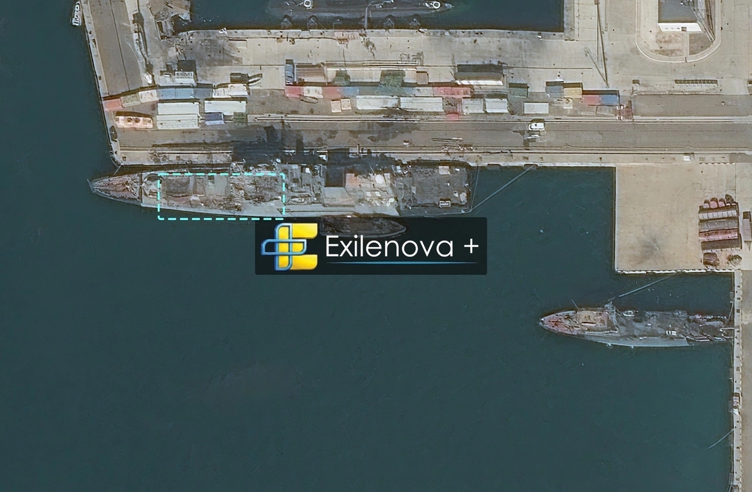Satellite image of a damaged ship in the port of Novorossiysk believed to be the Admiral Essen