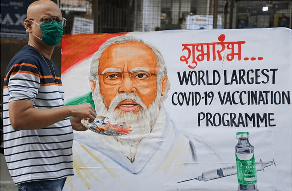 Propaganda posters picture Modi as the sole author of national achievements and giver of state benefits