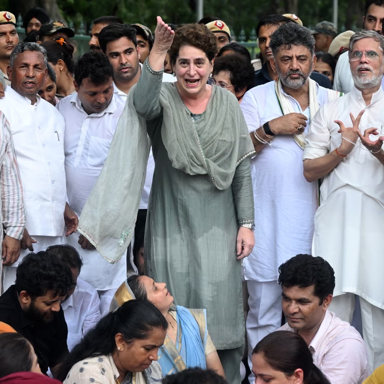 Congress party leader Priyanka Gandhi Vadra at a protest in Delhi demanding Modi’s resignation