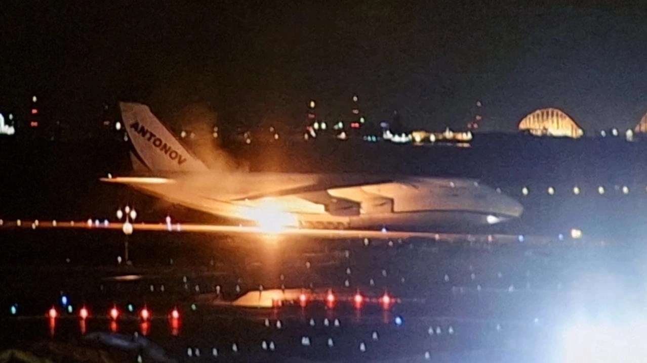 The Ukrainian An-124-100 Ruslan transport aircraft at Chubu Airport in Japan after catching fire on Oct. 22, 2026