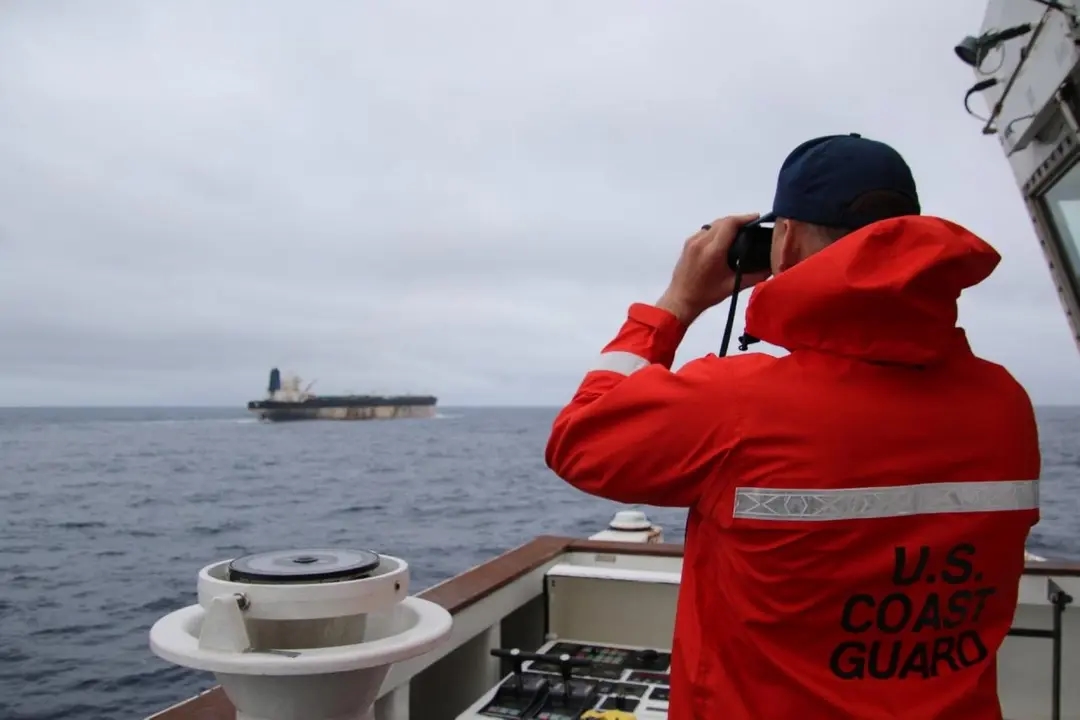 U.S. Coast Guard personnel monitoring the Russian-flagged tanker Marinera. Photo: U.S. European Command (@US_EUCOM / X)