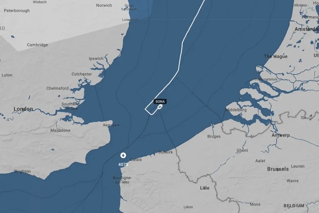 The Sierra Leone-flagged SONA turned around before entering the English Channel after the Smyrtos was detained on June 14, 2026. Source: Starboard Maritime Intelligence | The Insider