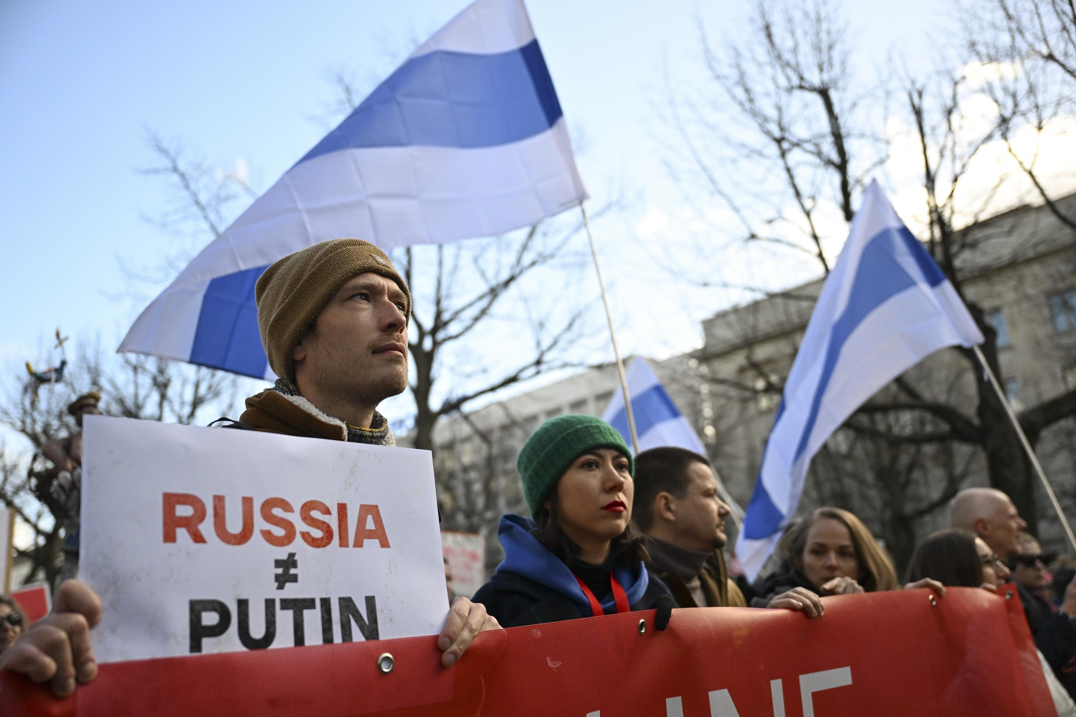 A protest outside the Russian embassy in Berlin on presidential election day, March 17, 2024. Photo: Anadolu via Reuters Connect