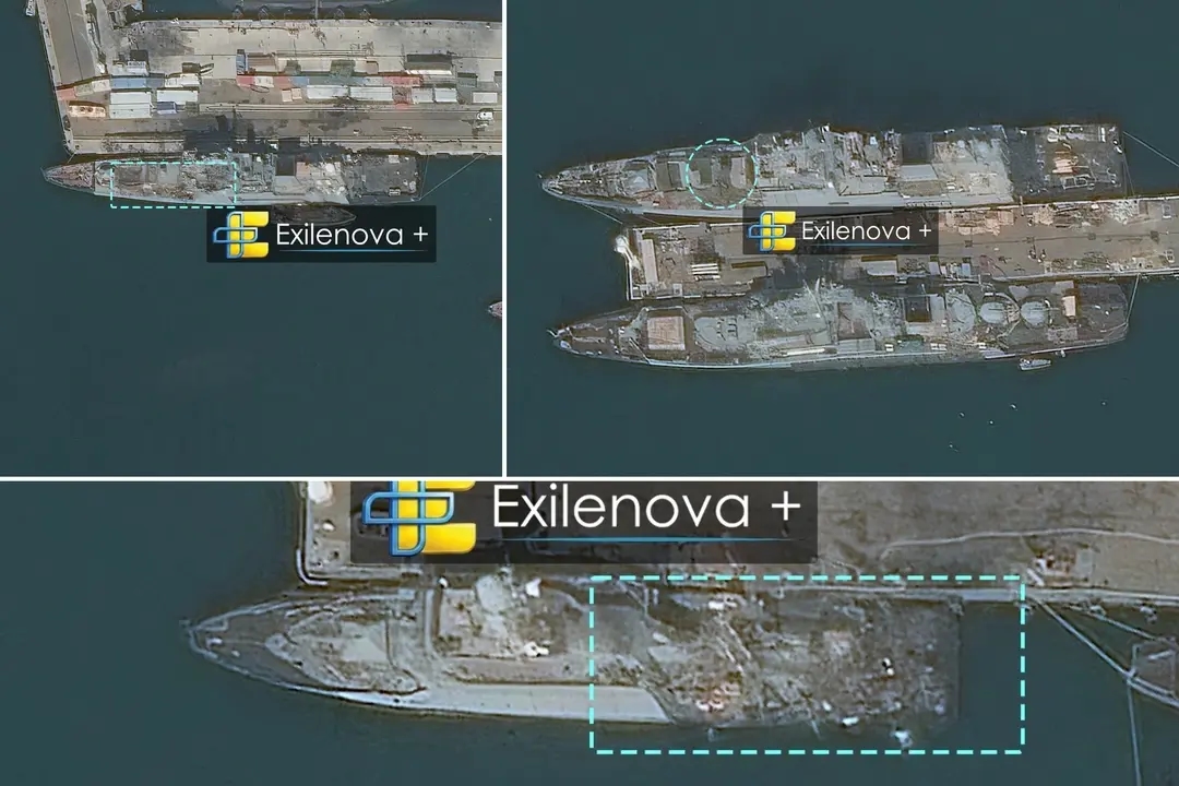 Satellite imagery of the three damaged vessels, believed to be a Project 21631 Buyan-M small missile ship, and the frigates Admiral Essen and Admiral Makarov. Source: Exilenova+