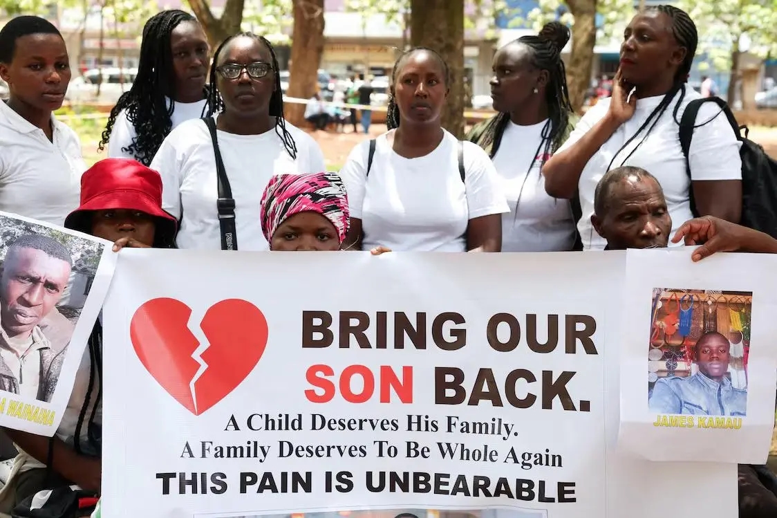 Relatives of Kenyans allegedly fighting on Russia’s side in Ukraine at a protest in Nairobi on Feb. 19, 2026. Photo: Monicah Mwangi / Reuters