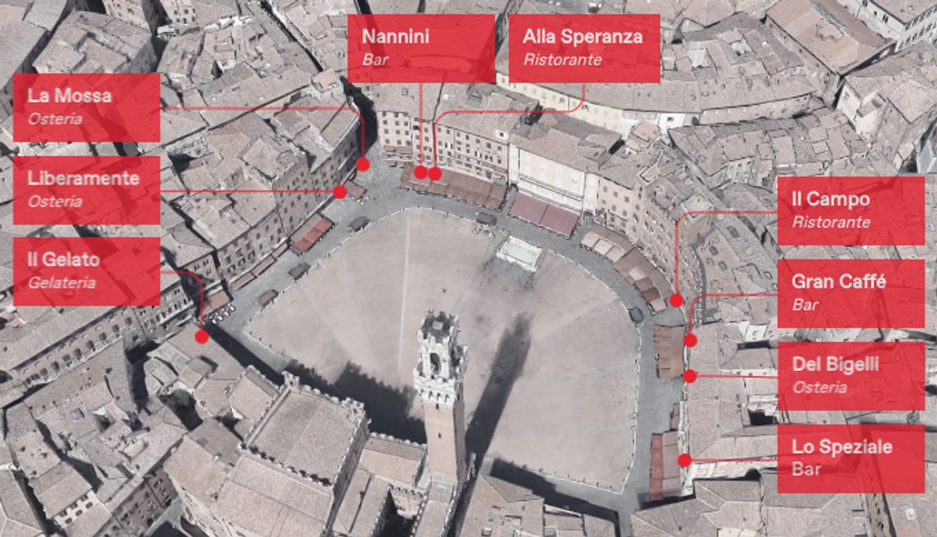 Пьяцца дель Кампо. Центральная площадь Сиены, на которой расположены девять кафе, баров и ресторанов, принадлежащих семье Билидо
