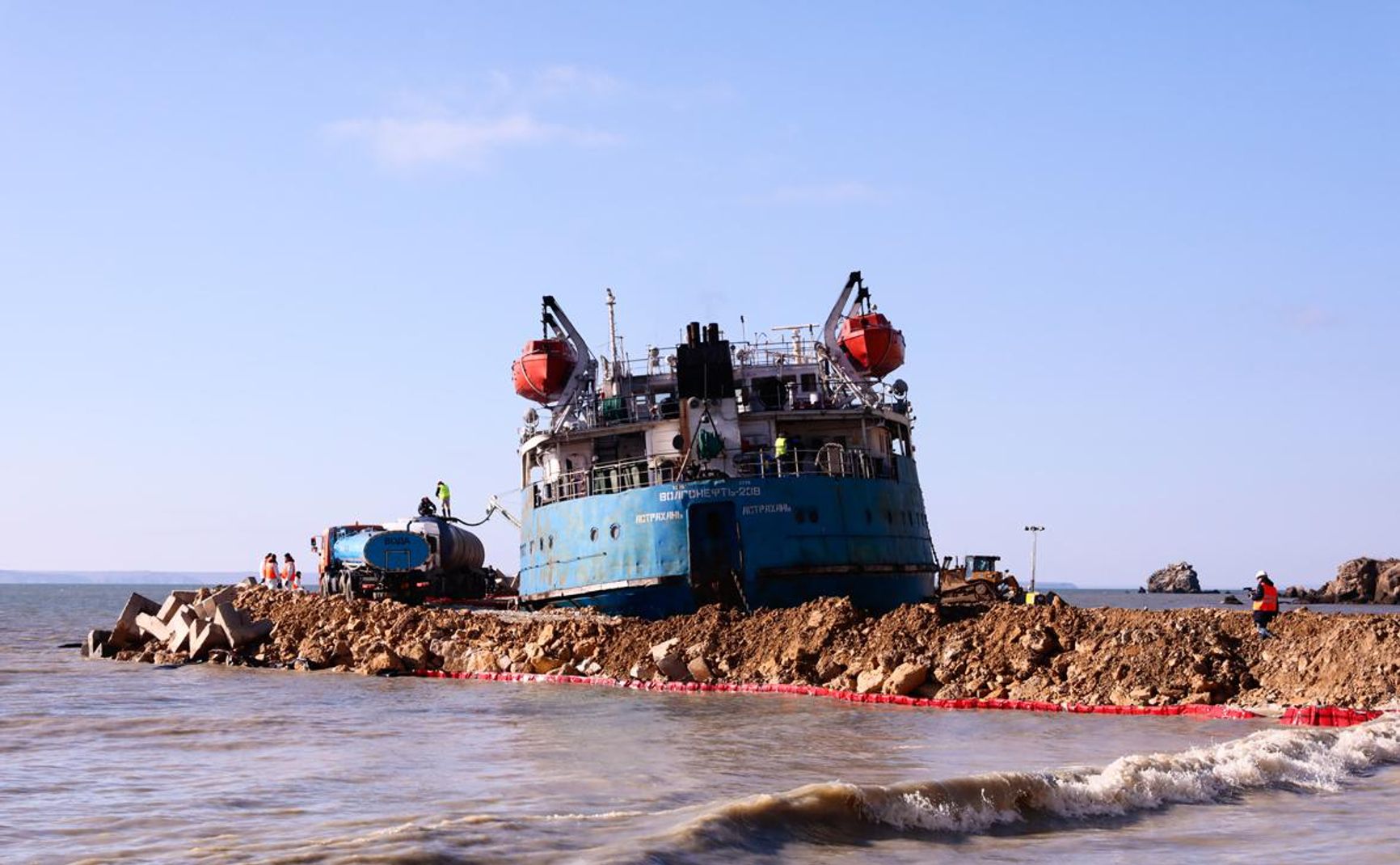 An artificial harbor has been built around the Volgoneft-239 hull, preventing further spills of oil into the Black Sea and allowing authorities to pump out the remaining cargo from the vessel.