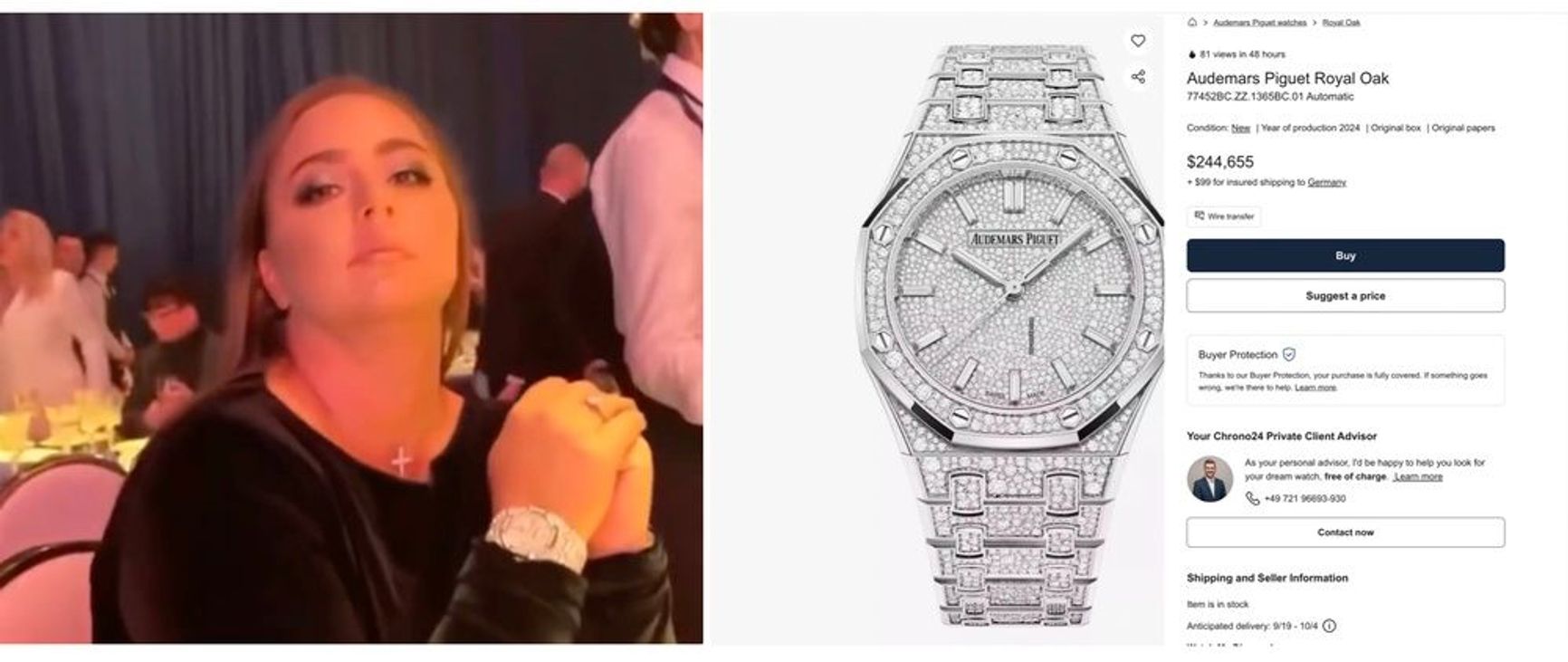 Anna Krasnova photographed at singer Nikolai Baskov’s birthday party wearing what appeared to be an Audemars Piguet watch that retails for $244,655. 