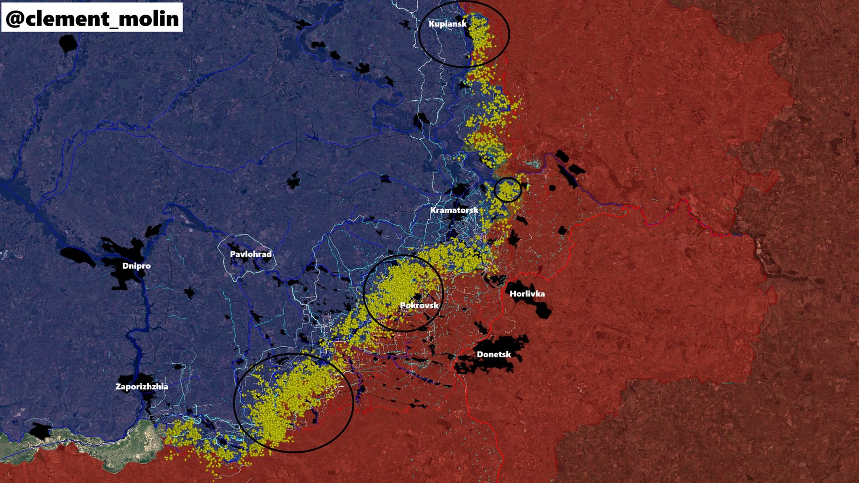 Следы от артиллерийских ударов вдоль линии фронта в Украине