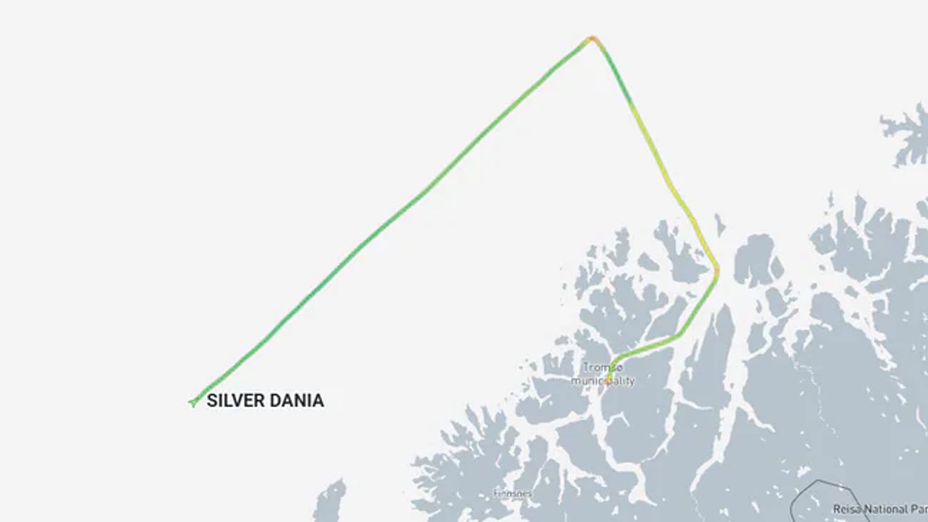 The Silver Dania's route to Tromsø.