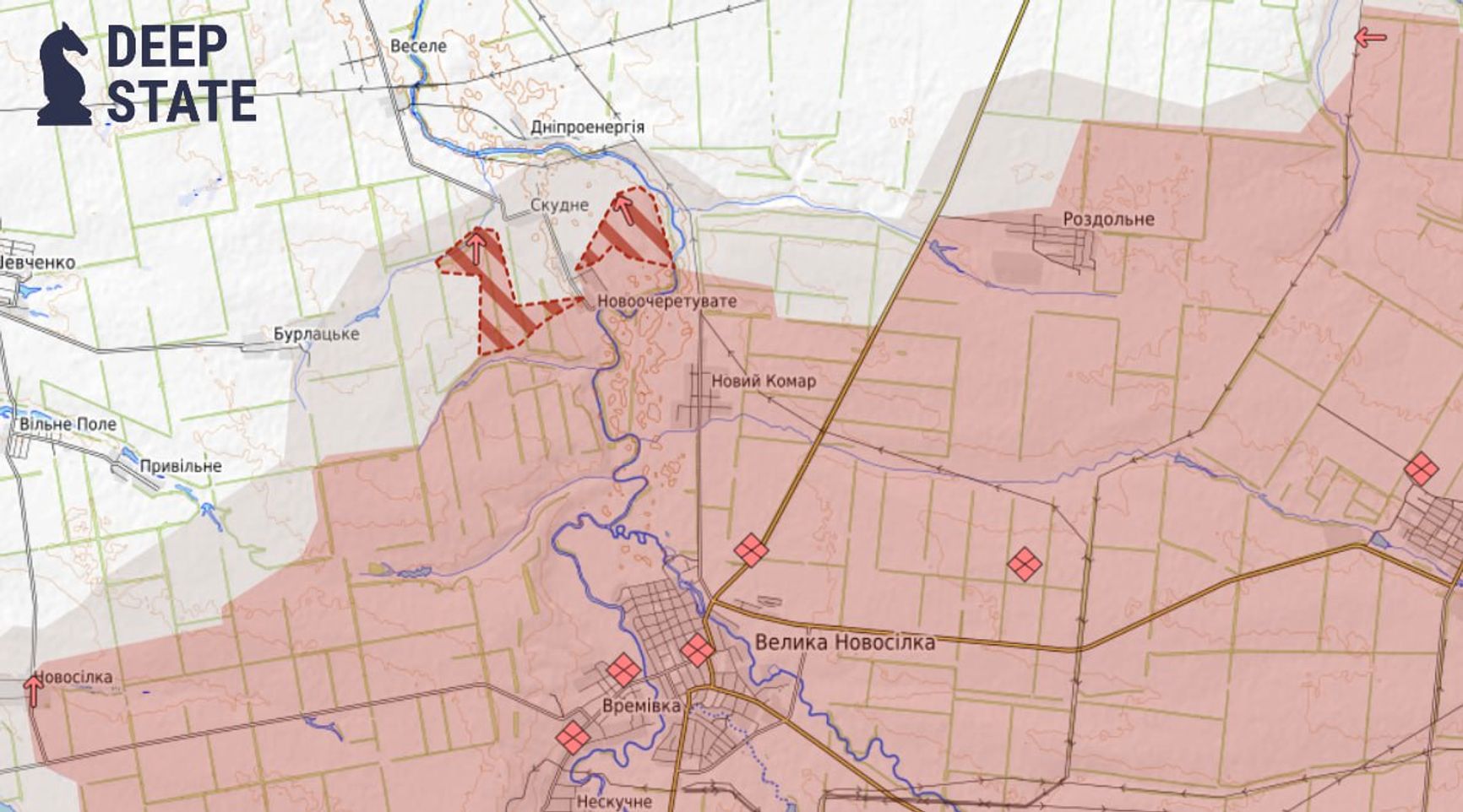 Ситуация на южно-донецком направлении к северу от Великой Новосёлки по версии DeepState