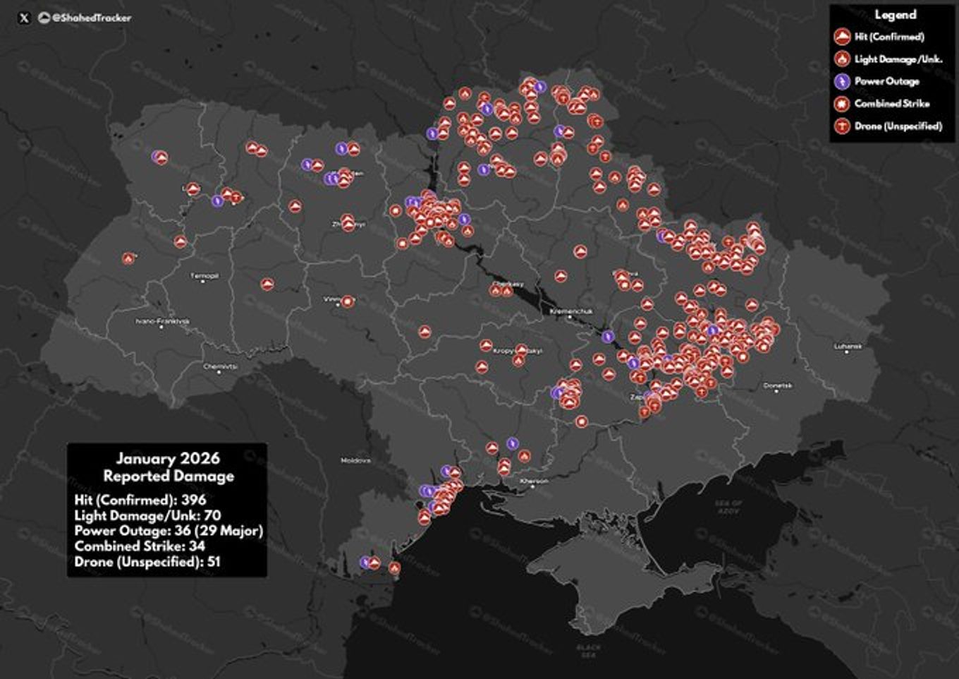 Пораженные в январе 2026 года дронами типа «Шахед» цели на территории Украины