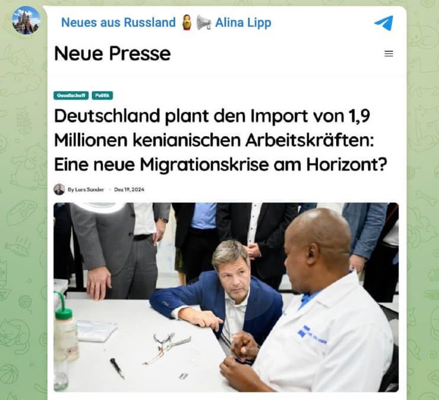 A post on Alina Lipp's Telegram channel from Dec. 19, 2024 shares a false article with the following headline: “Germany plans to import 1.9 million Kenyan workers: a new migration crisis on the horizon?”