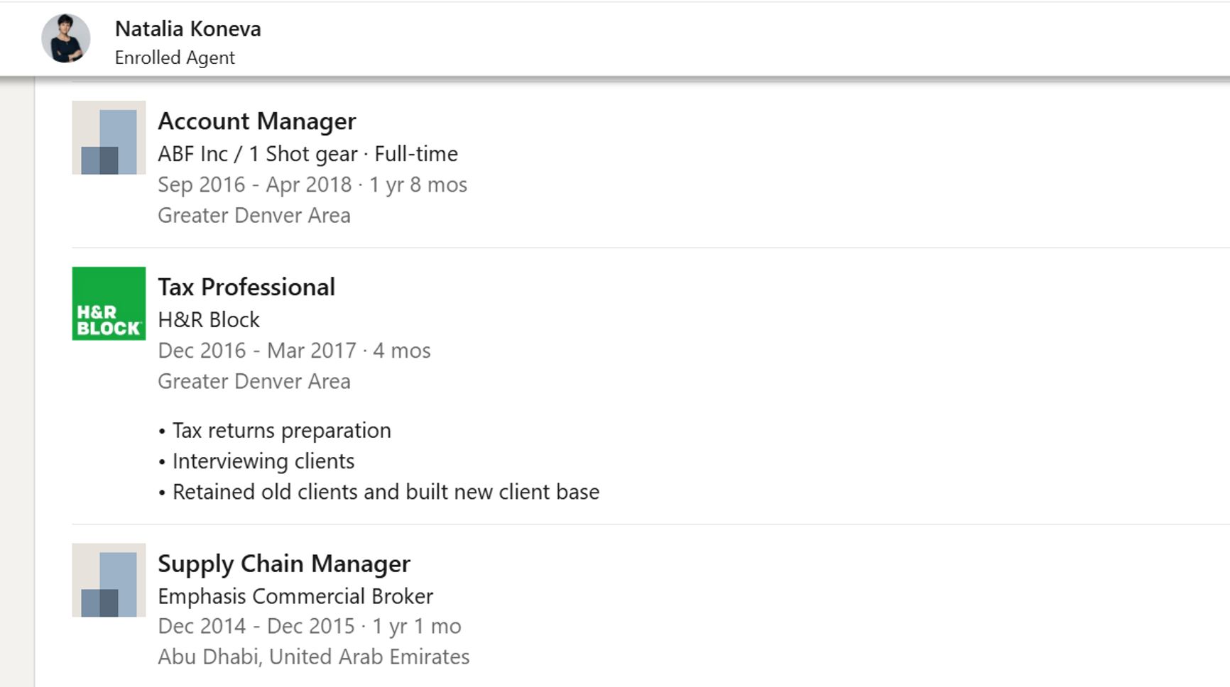 Скриншот профиля Натальи Коневой на LinkedIn. Супруги Коневы удалили аккаунты с LinkedIn после публикации The Insider
