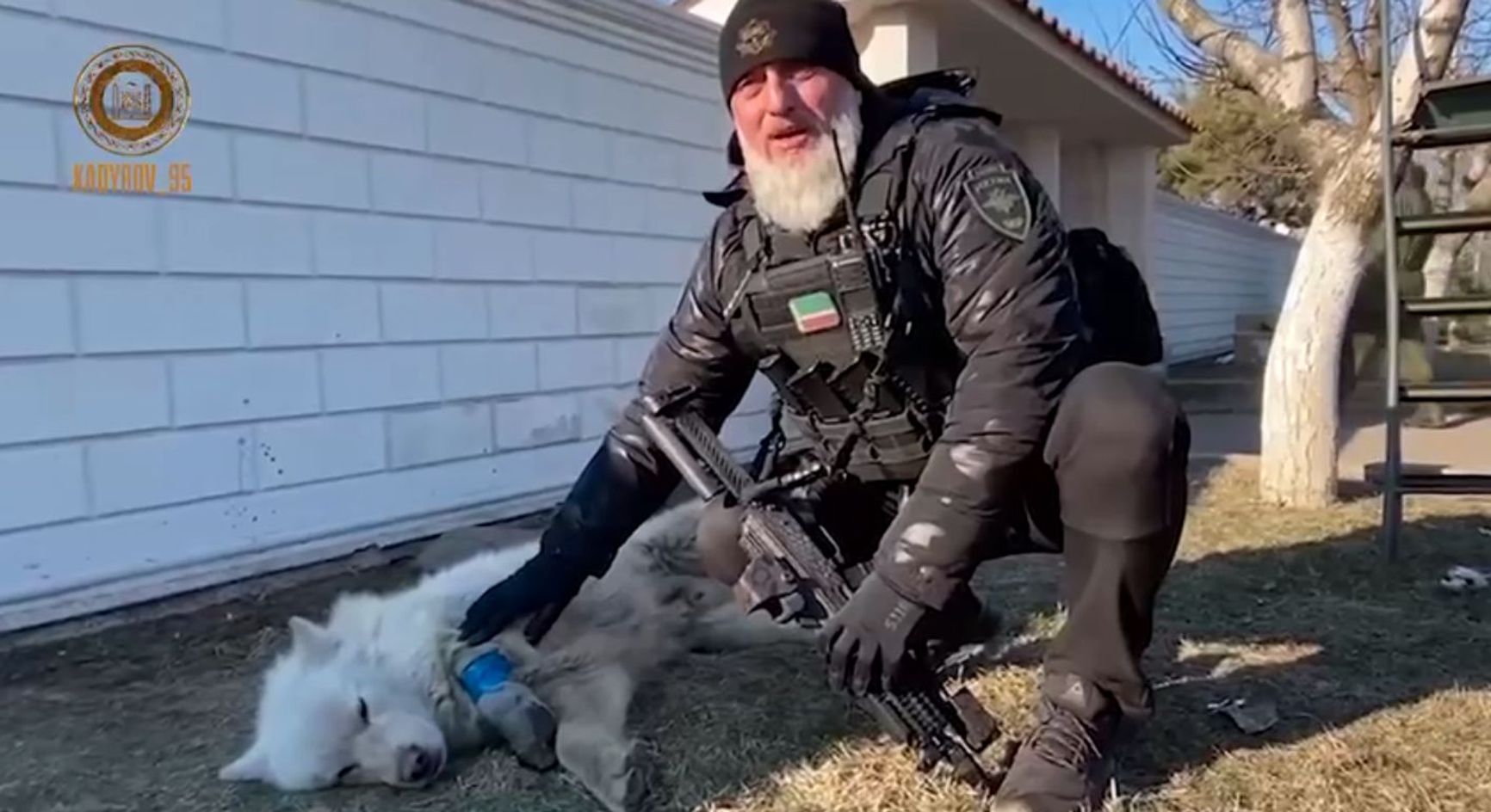 Adam Delimkhanov, an MP in Russia's State Duma since 2007 and a close associate of Kadyrov, pictured “saving dogs” in Ukraine.