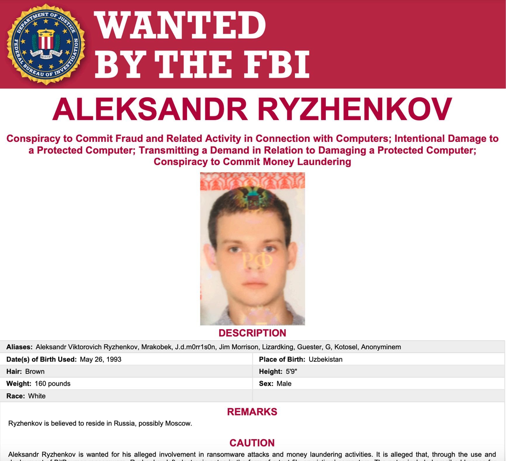 The FBI's wanted poster for Aleksandr Ryzhenkov.