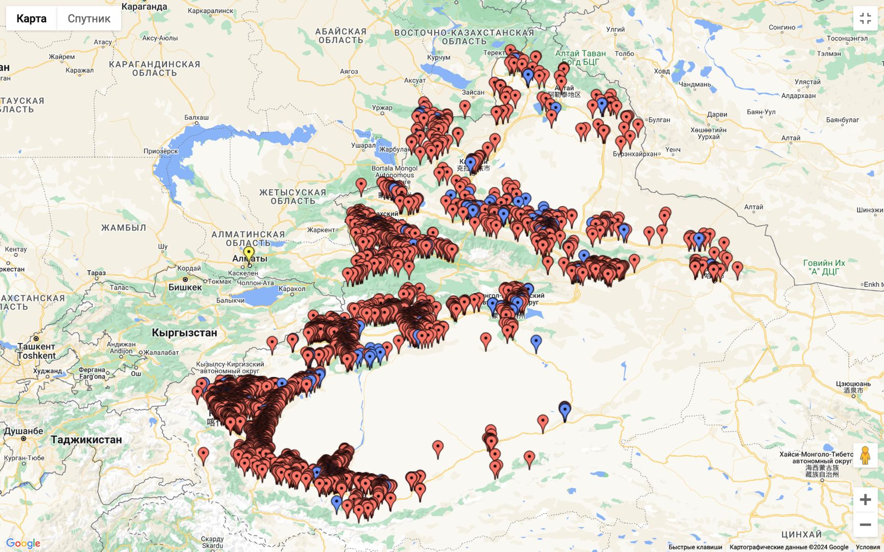 Red dots mark villages and cities where it is confirmed that people were illegally taken to camps and prisons between 2016 and 2022. Blue dots indicate the locations of prisons and camps within the XUAR. Screenshot from the Shahit.biz database. 