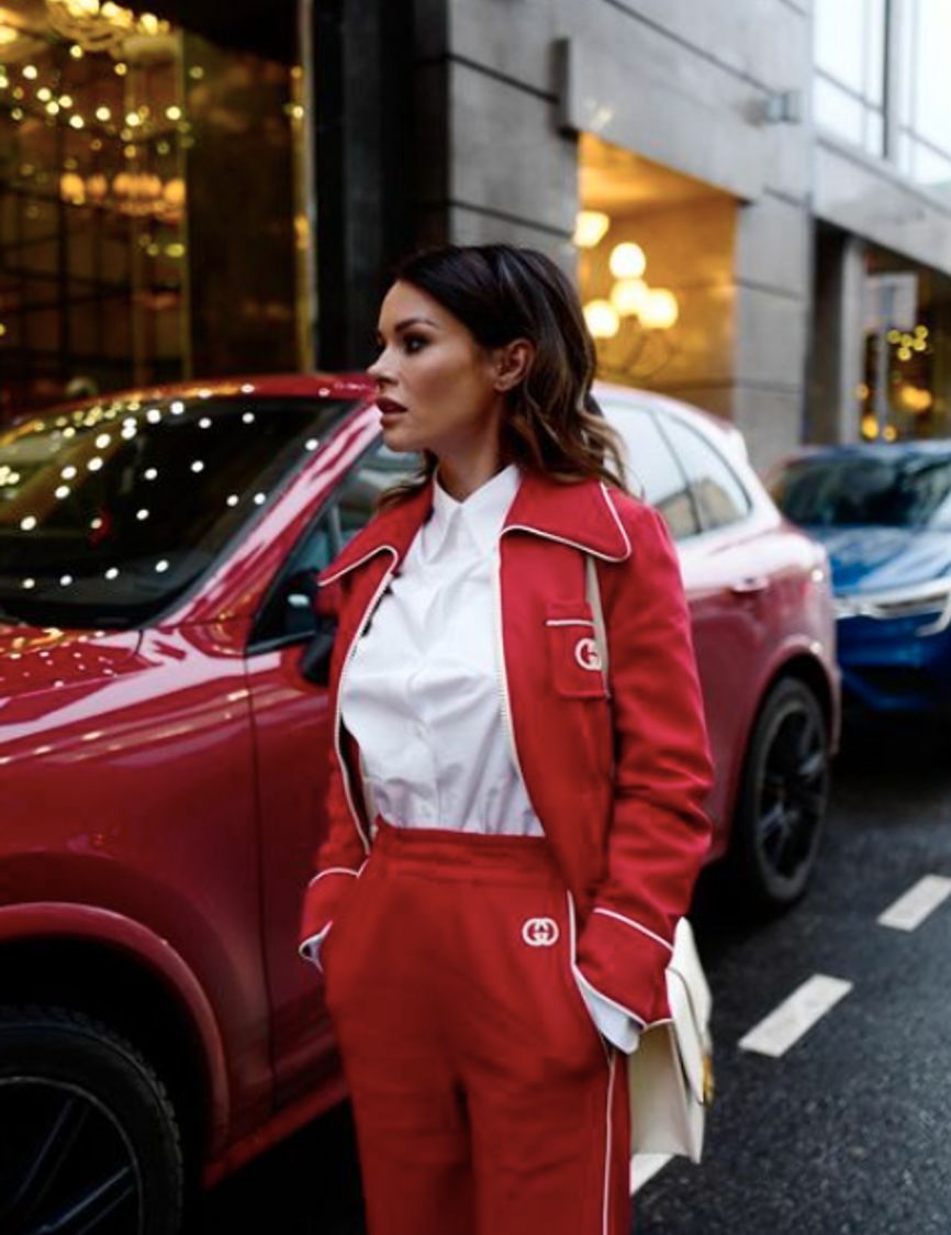 Ksenia Lugovaya (wife of LDPR deputy Andrei Lugovoi) in a Gucci jacket (142,600 rubles) and Gucci pants ($1,300)