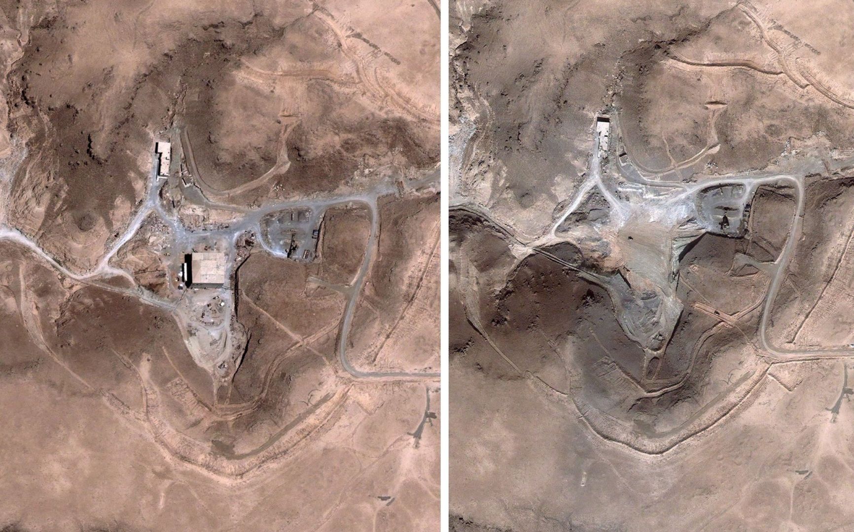 Nuclear facility in Deir ez-Zor, Syria, before (left) and after (right) the Israeli strike