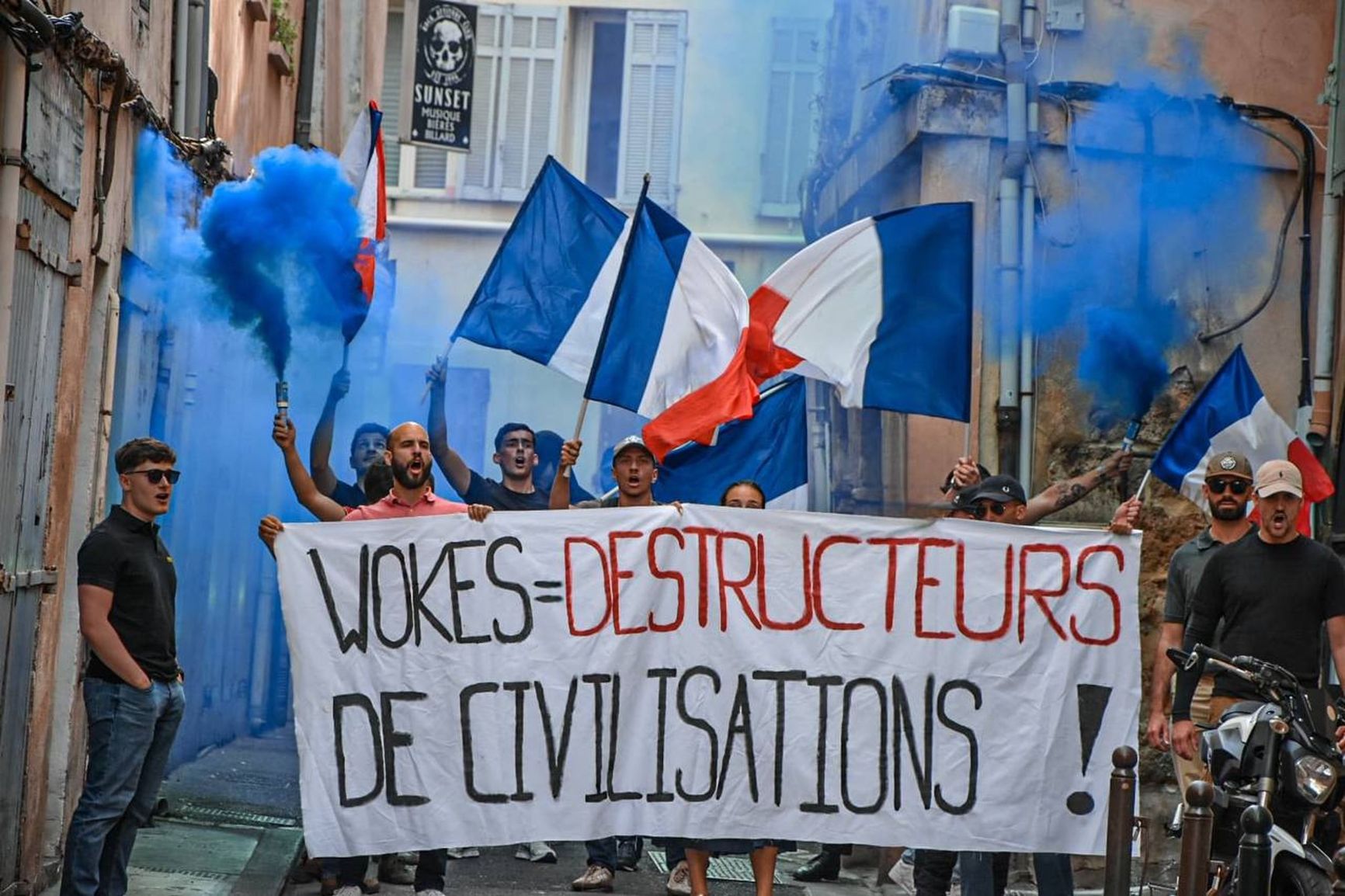 French far-right supporters protesting "woke culture"