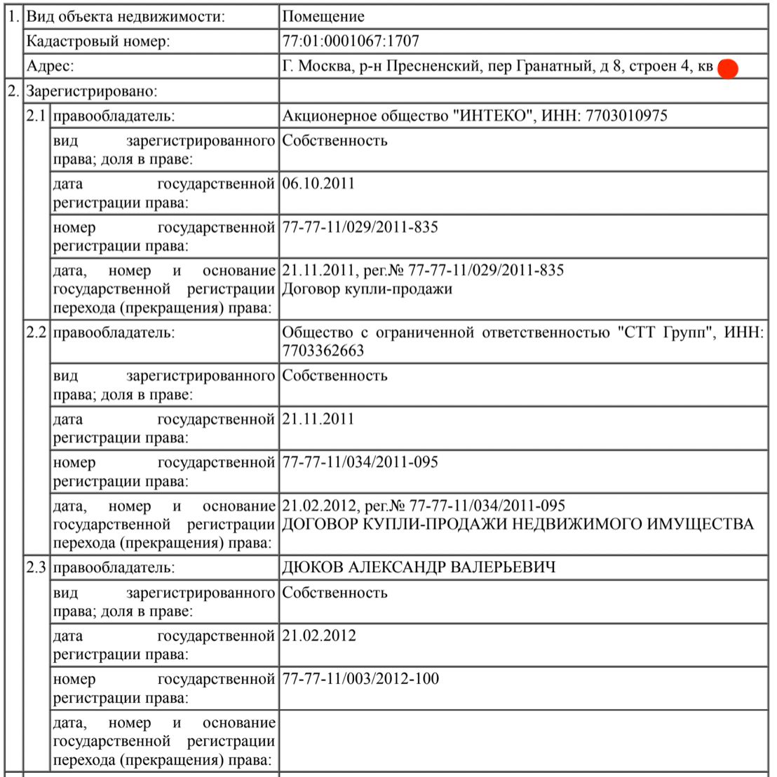 Rosreestr extract confirming Dyukov's ownership of the Granatny Palace apartment