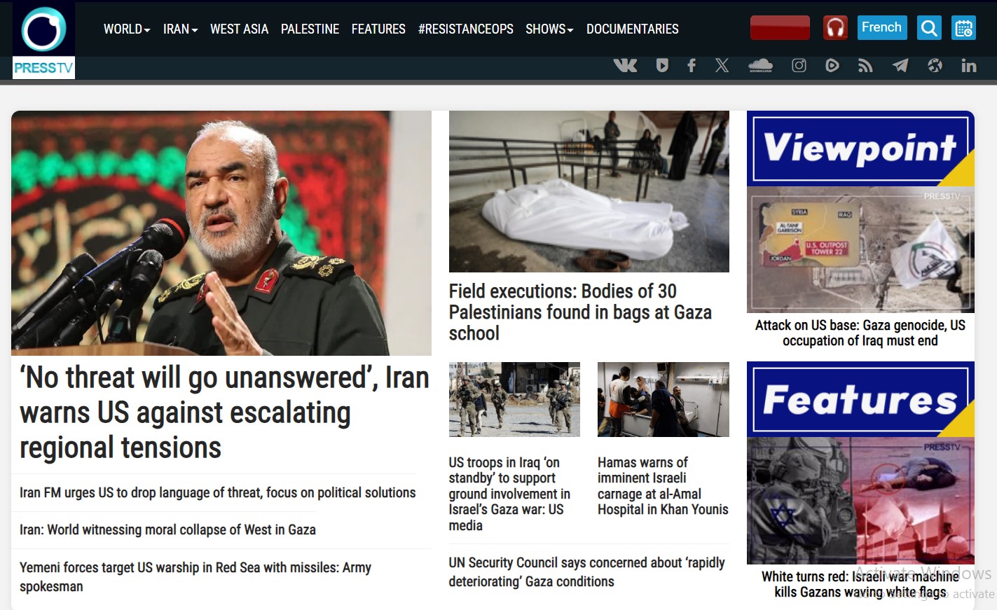 A screengrab of PRESS TV’s website from 31 January 2024 features the outlet’s standard mix of pro-Iranian, anti-American, anti-Israeli coverage.