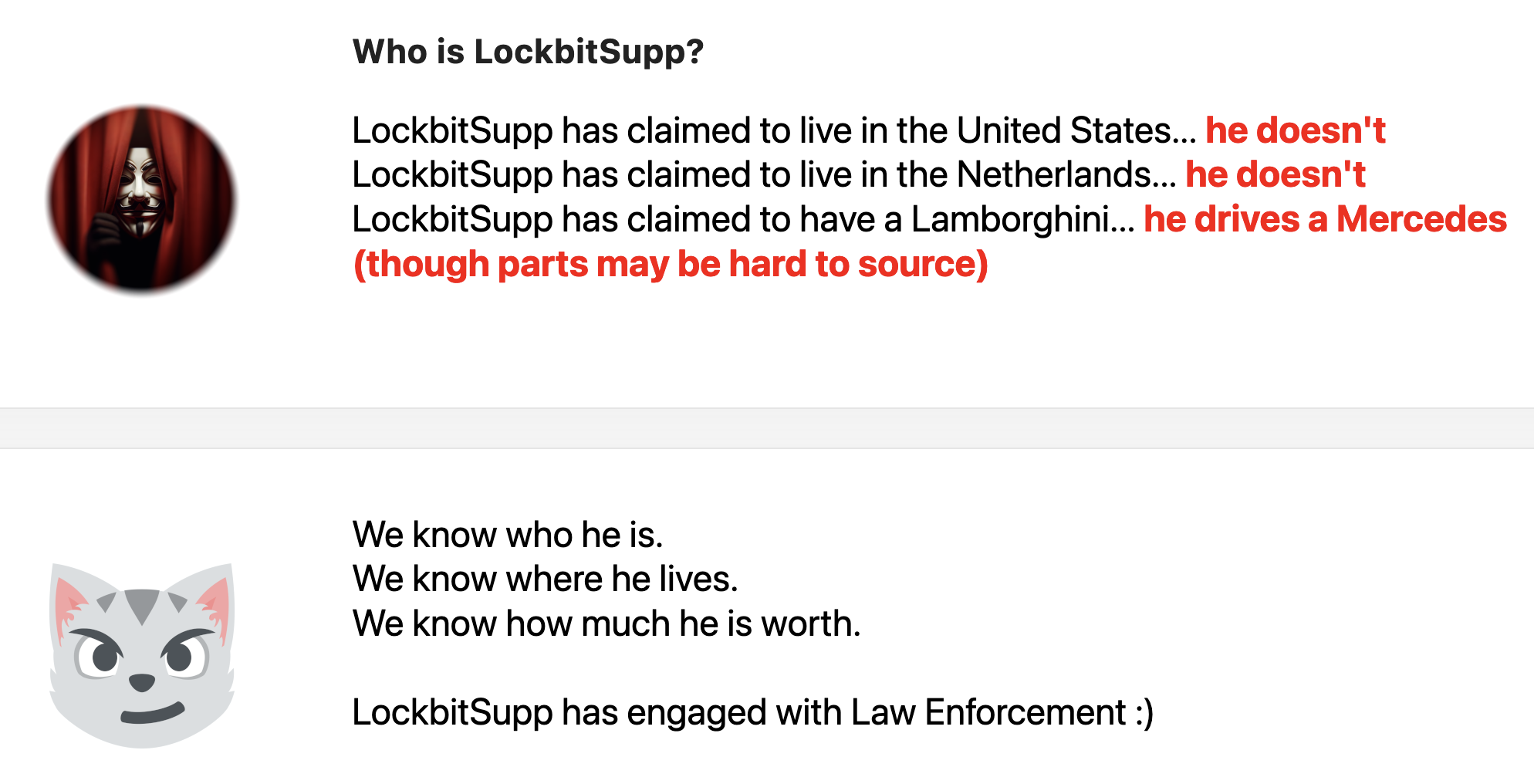 Скриншот с захваченного ФБР сайта. «LockBitSupp говорил, что ездит на «Ламборгини»... он ездит на «Мерседесе» (но запчасти достать может быть нелегко)».