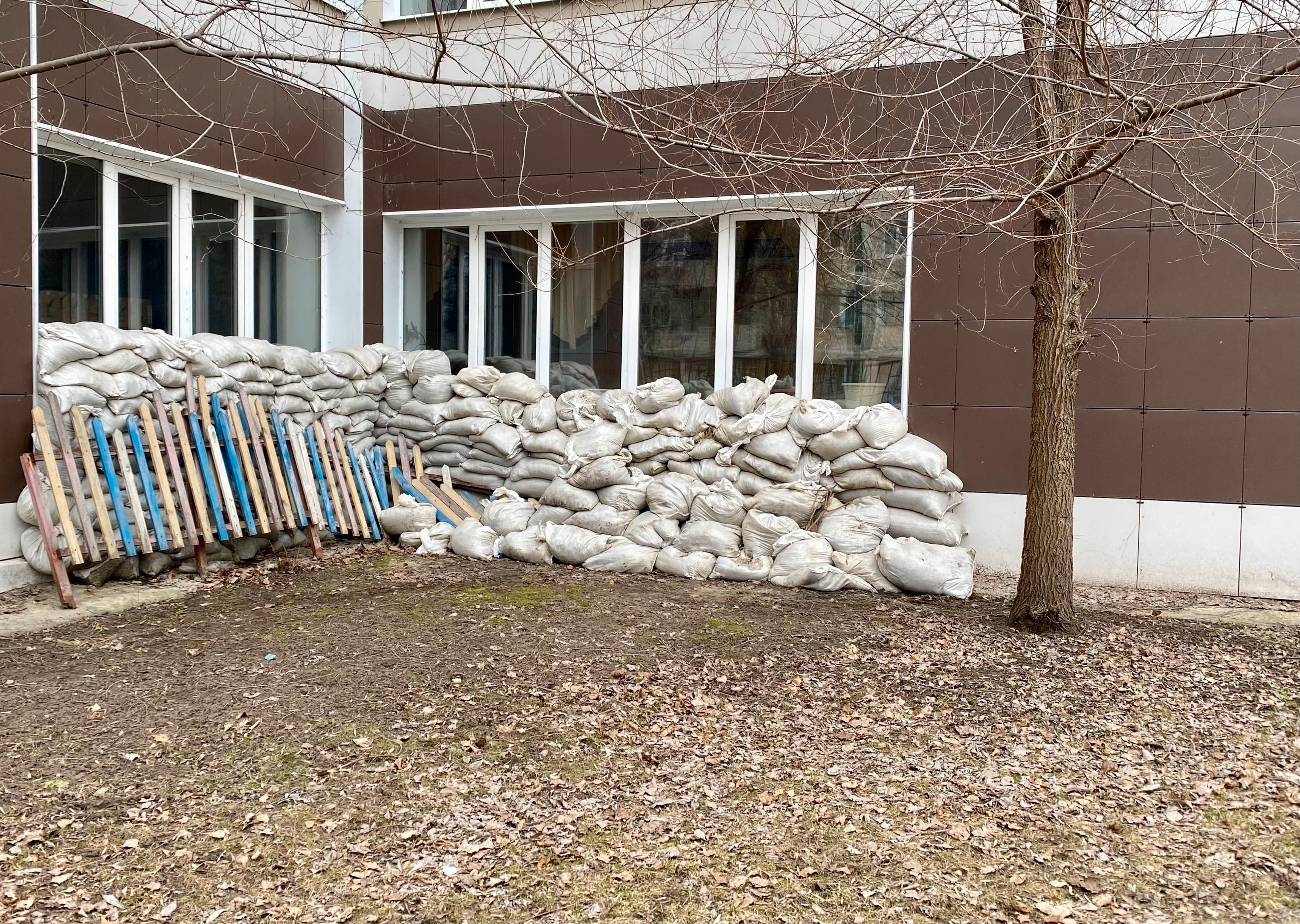 Sandbags outside the school hosting the polling station