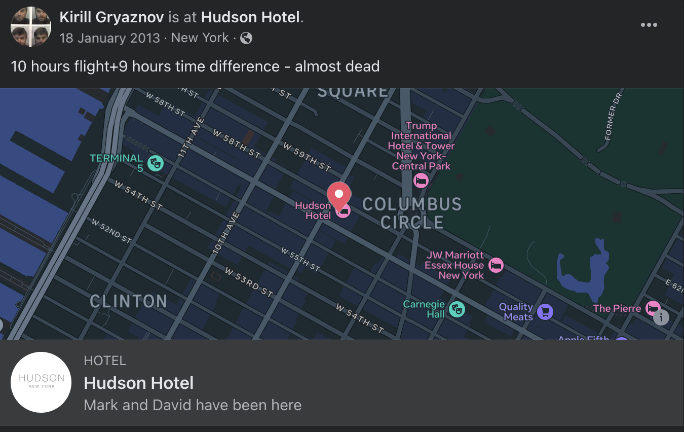 Griaznov checked-in on Facebook at the Hudson Hotel during his trip to New York City in February 2013.
