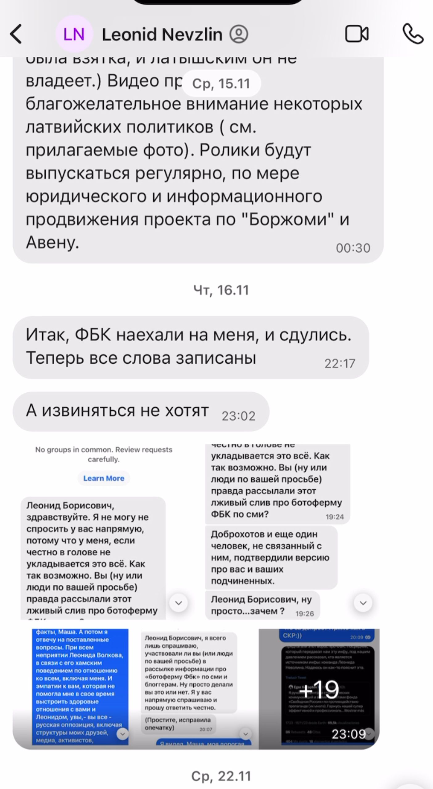 A fragment of Maria Pevchikh's correspondence in Nevzlin's Signal account