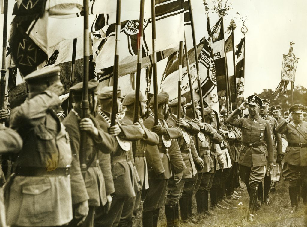Wilhelm of Prussia salutes members of the nationalist veterans' organization Stahlhelm ('Steel Helmet') at a meeting in Wittenberge in May 1933.