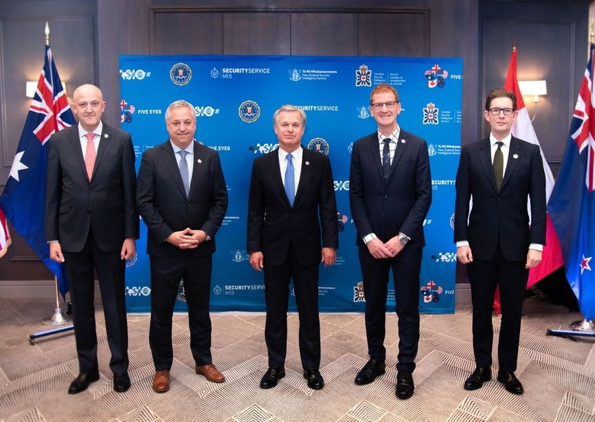 Left to right: Intelligence chiefs Mike Burgess (Australia), David Vigneault (Canada), FBI Director Christopher Wray, Andrew Hampton (New Zealand), and MI5 Director General Ken McCallum.