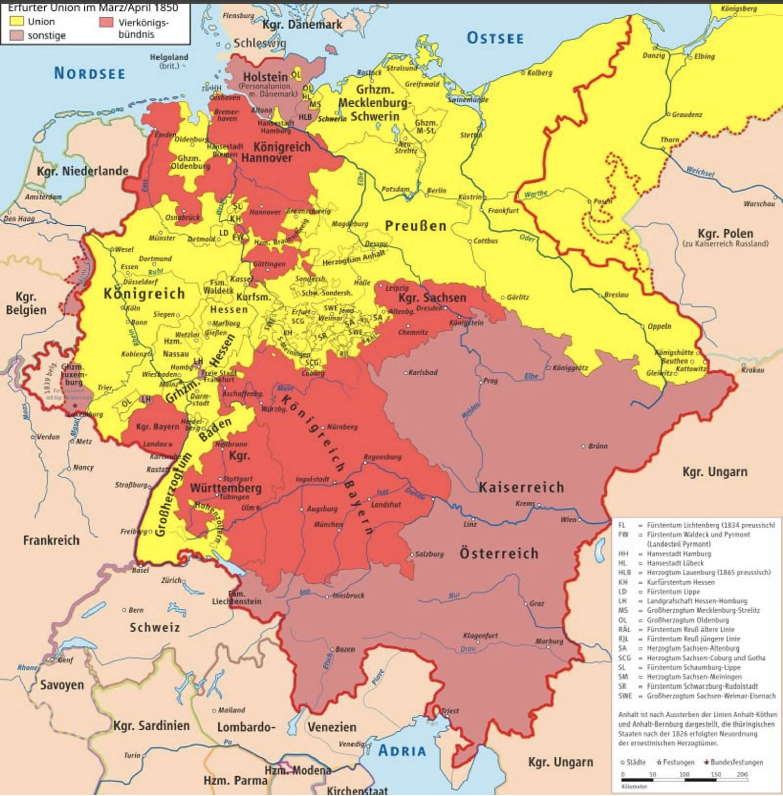 States that expressed willingness to join the Erfurt Union are marked in yellow