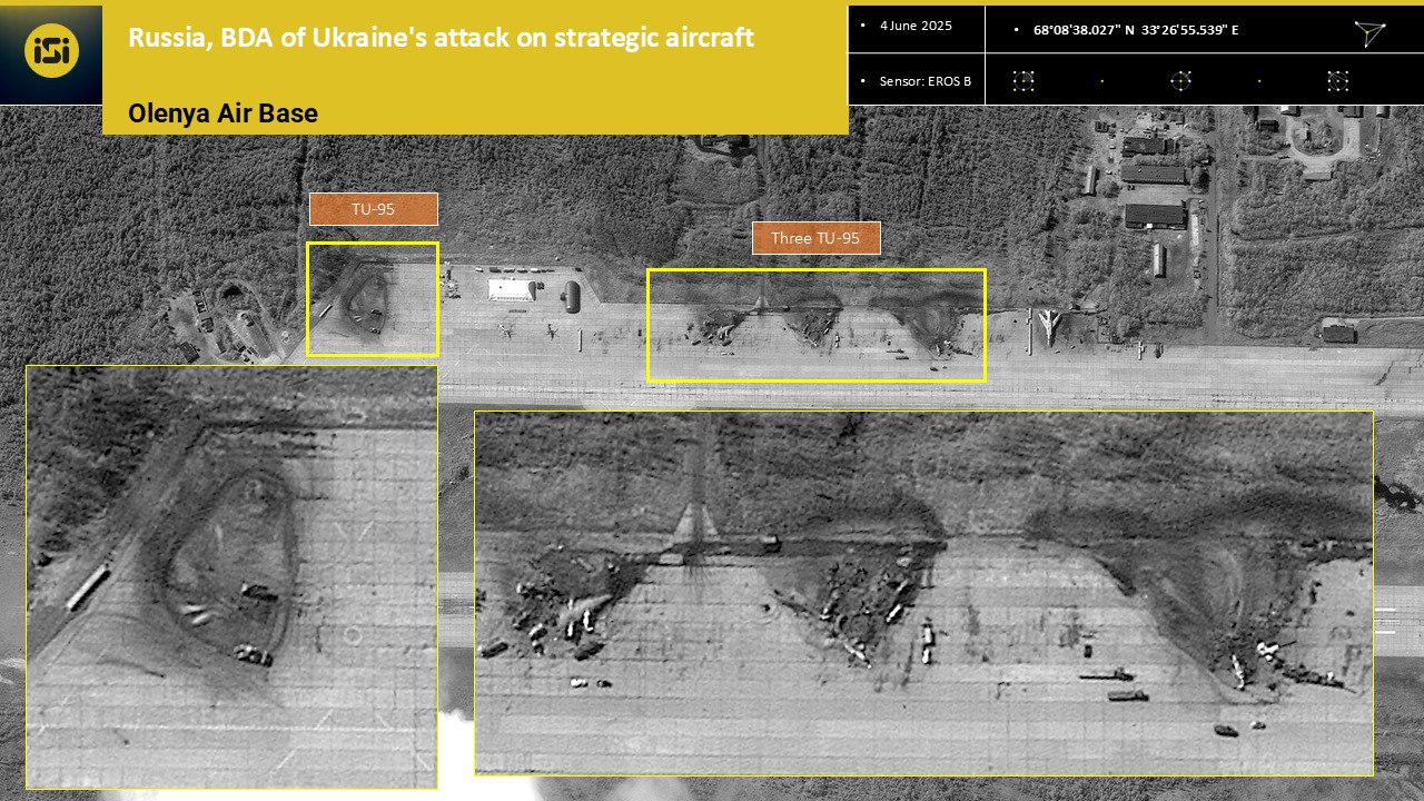 Спутниковый снимок последствий налета на аэродром Оленья в Мурманской области от 4 июня 2025 года