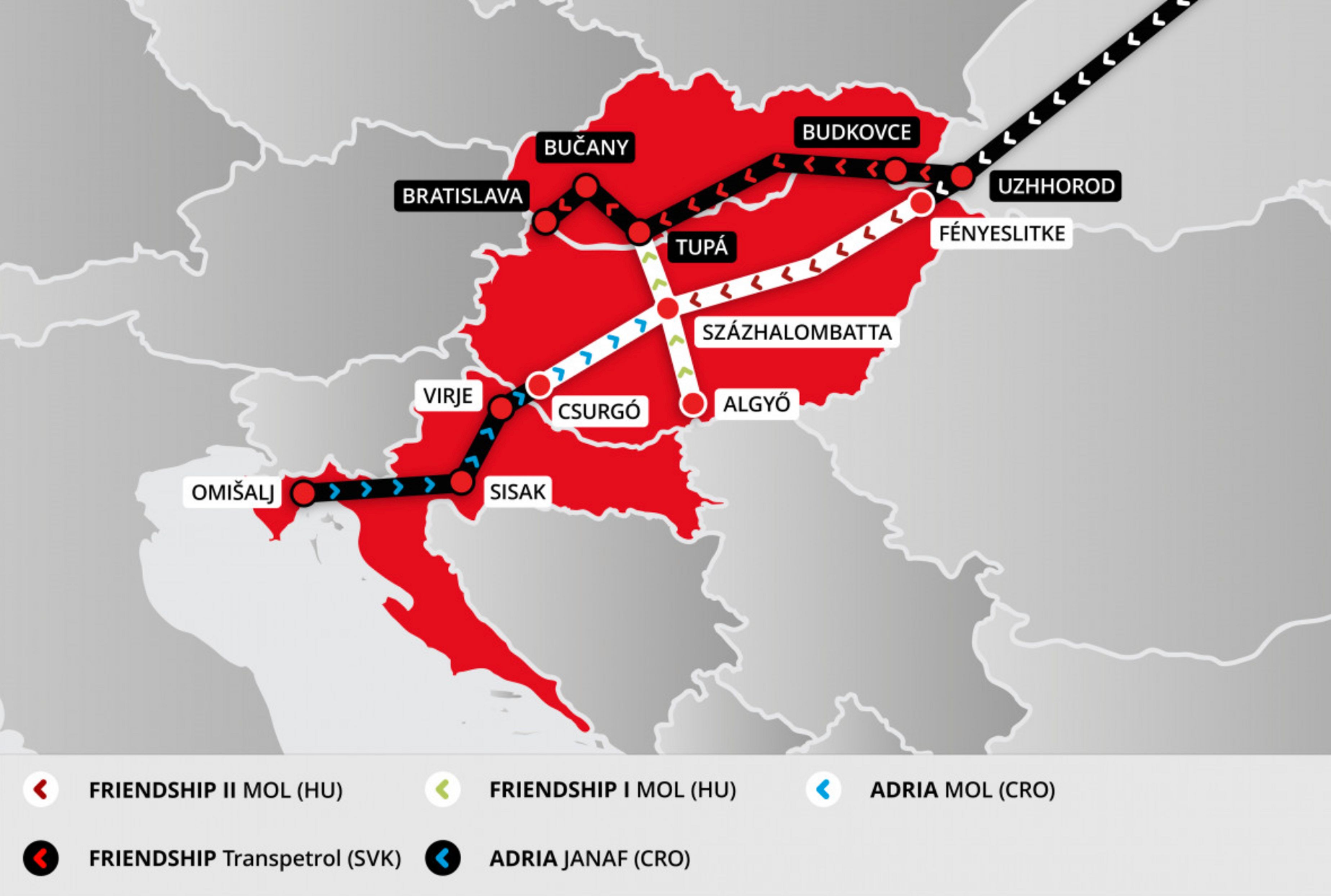 A pipeline map showing oil routes from Croatia to Hungary (“Adria”) and from Russia to Hungary (“Friendship,” or “Druzhba”).