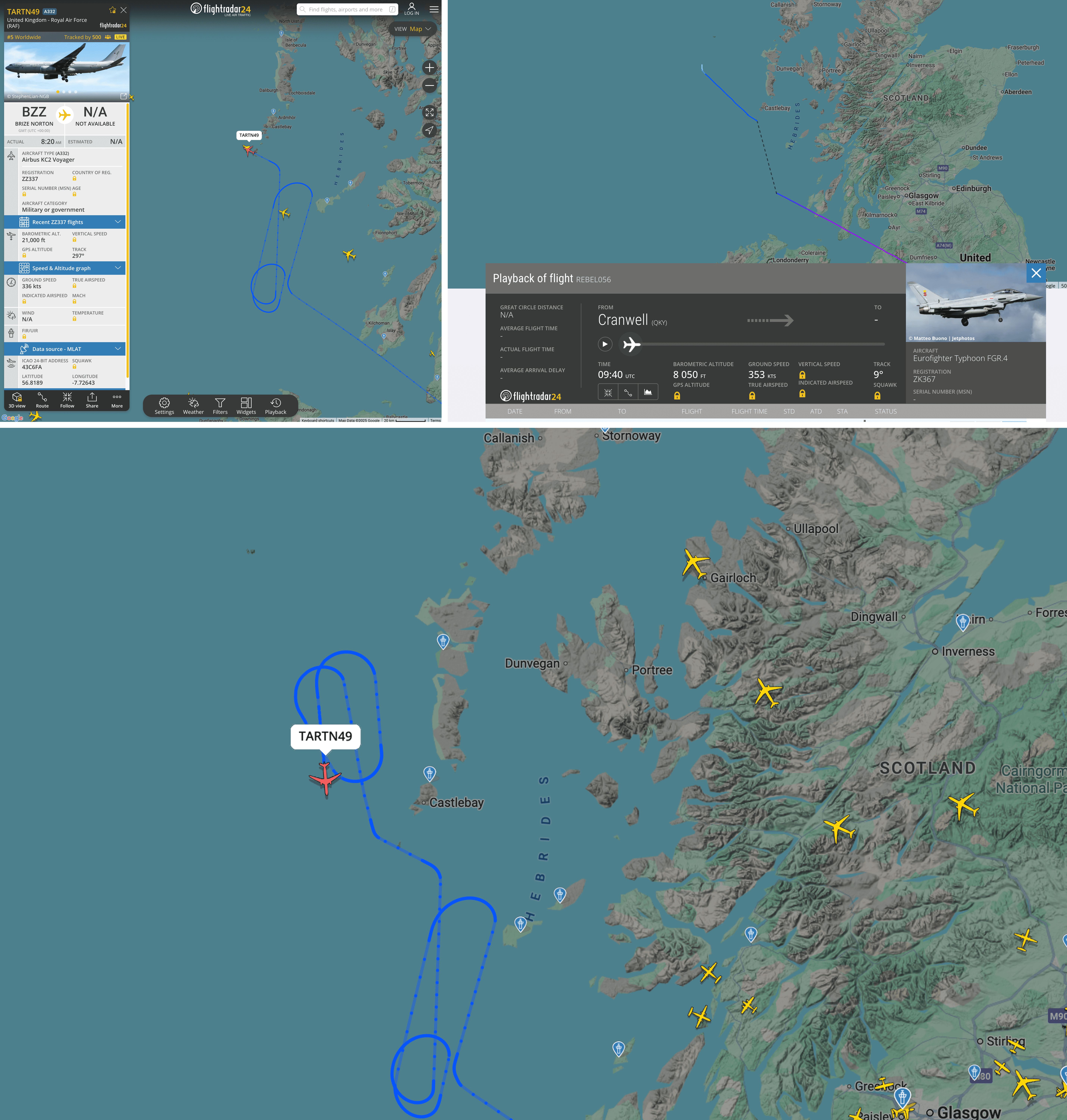 Clockwise: screenshot 1 — the tanker and fighter jet leveled off and flew out to patrol the waters near St. Kilda; screenshot 2 — the fighter jet descends and turns off its signal; screenshot 3 — the tanker leaves its signal on and circles around St. Kilda.