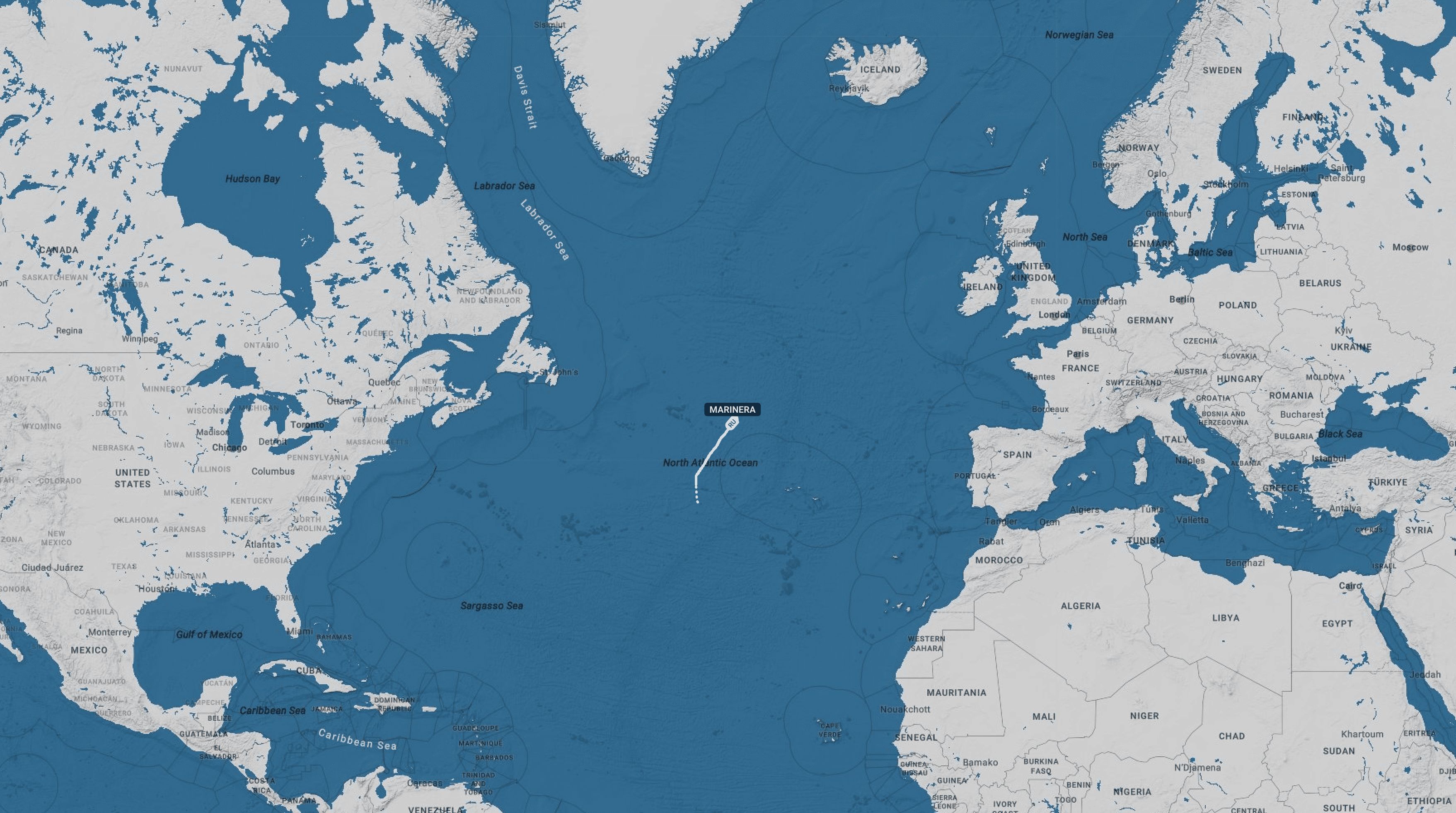 Location of the tanker Bella 1 / Marinera in the Atlantic Ocean