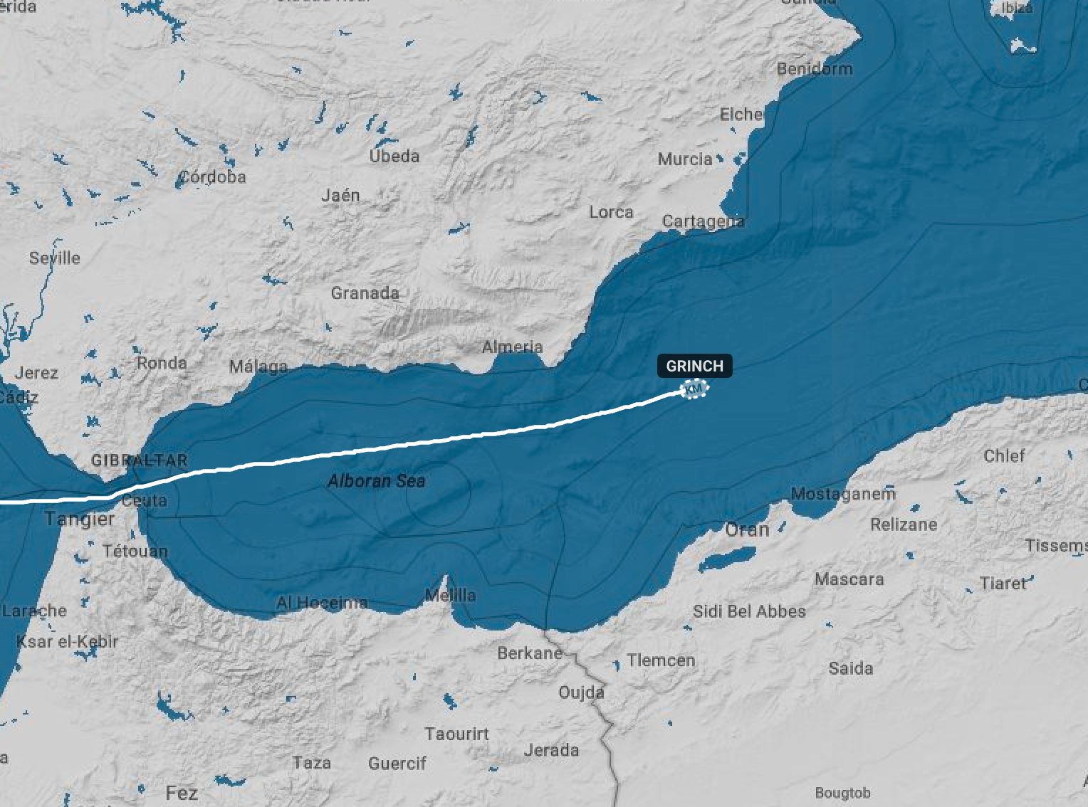 The Grinch’s position in the Mediterranean Sea at the time it was intercepted by the French Navy