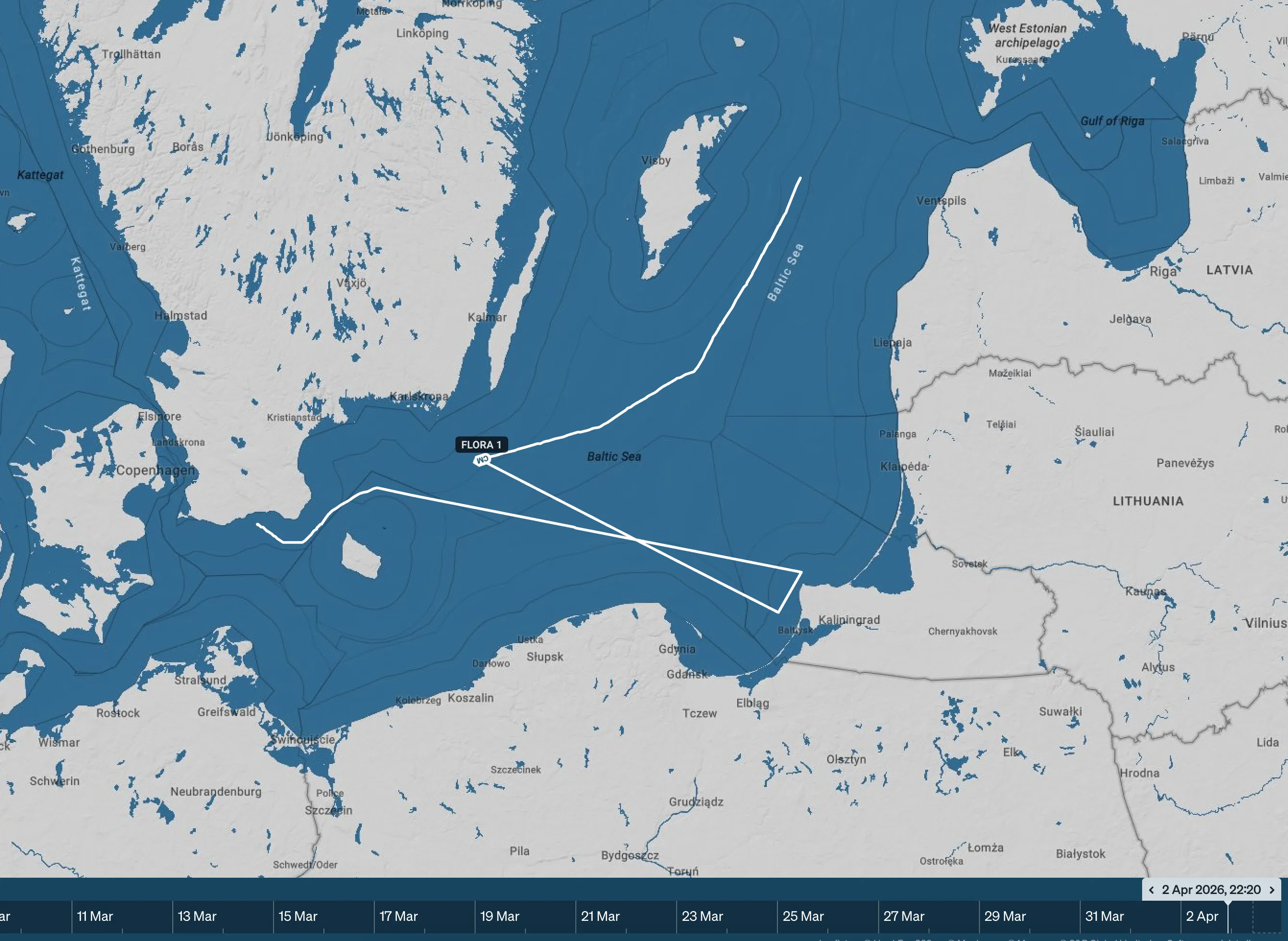 The route of the vessel Flora 1 in the Baltic Sea