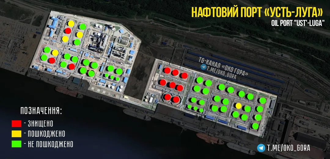 Damaged and attacked oil storage facilities at the port of Ust-Luga