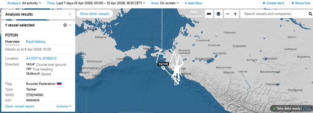 The route of the Russian tanker Foton from April 6 to 13, based on AIS data