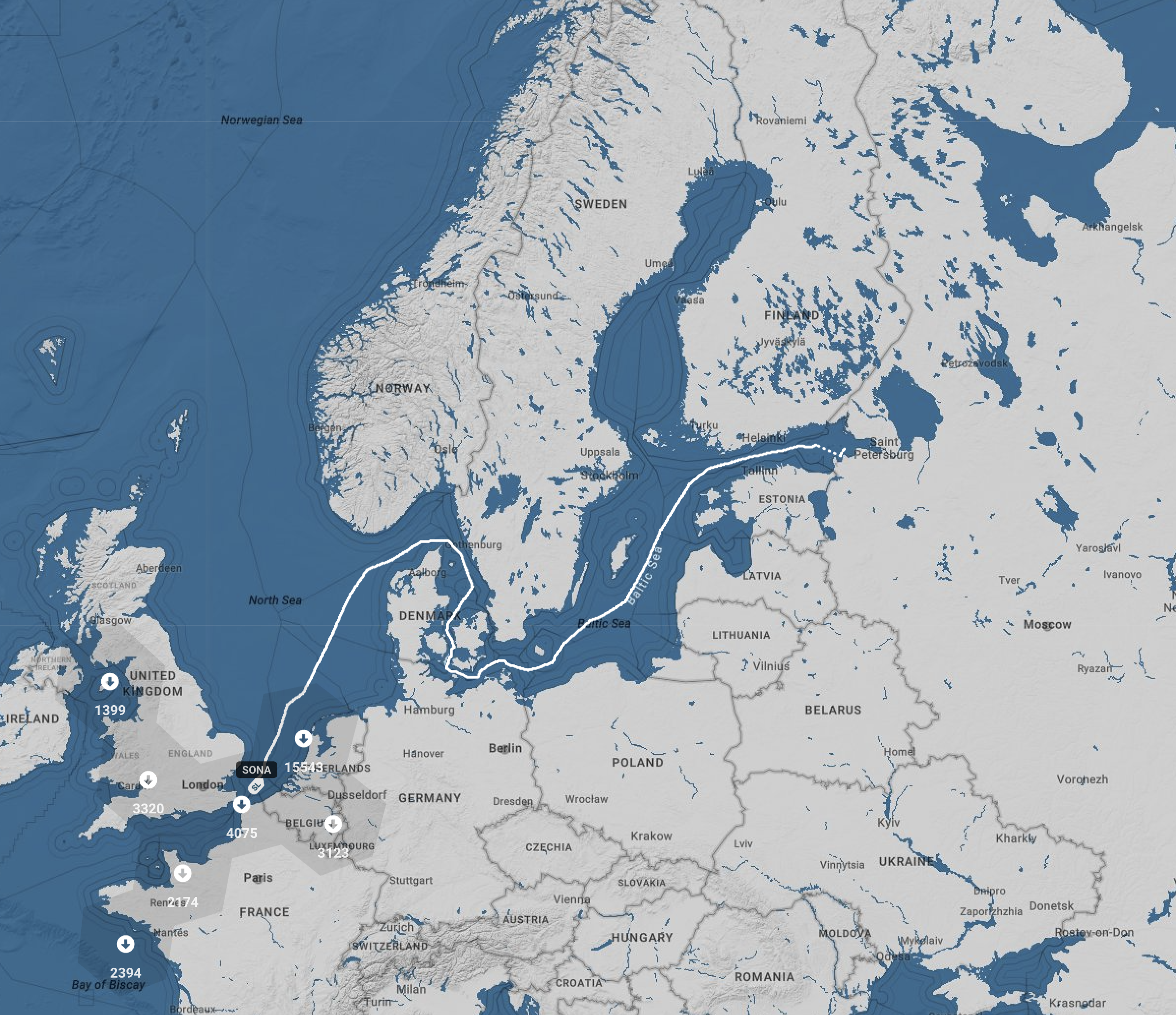 The Sierra Leone-flagged SONA’s route from the Gulf of Finland to the English Channel as of June 14, 2026