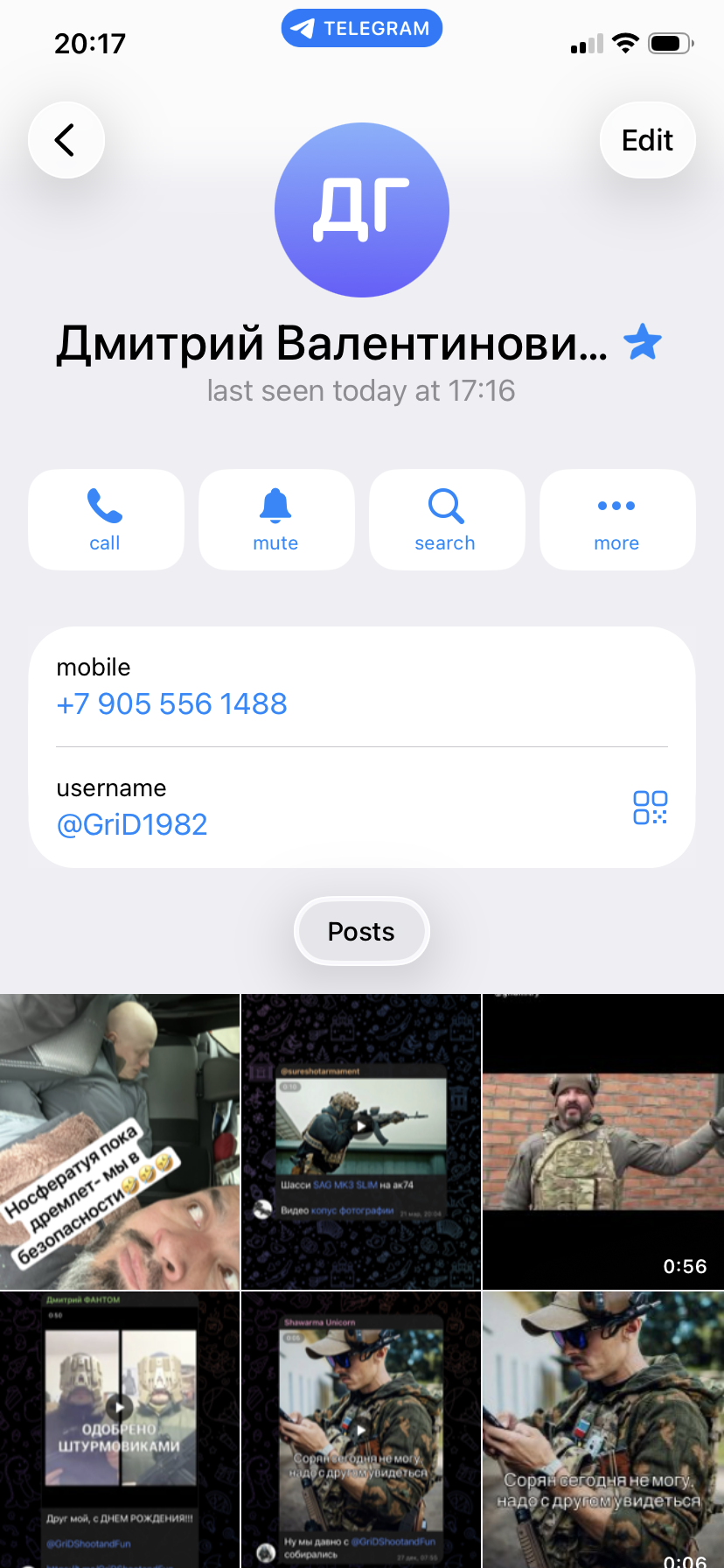 Screenshot of Grizdak’s Telegram account before The Insider reached out for comment