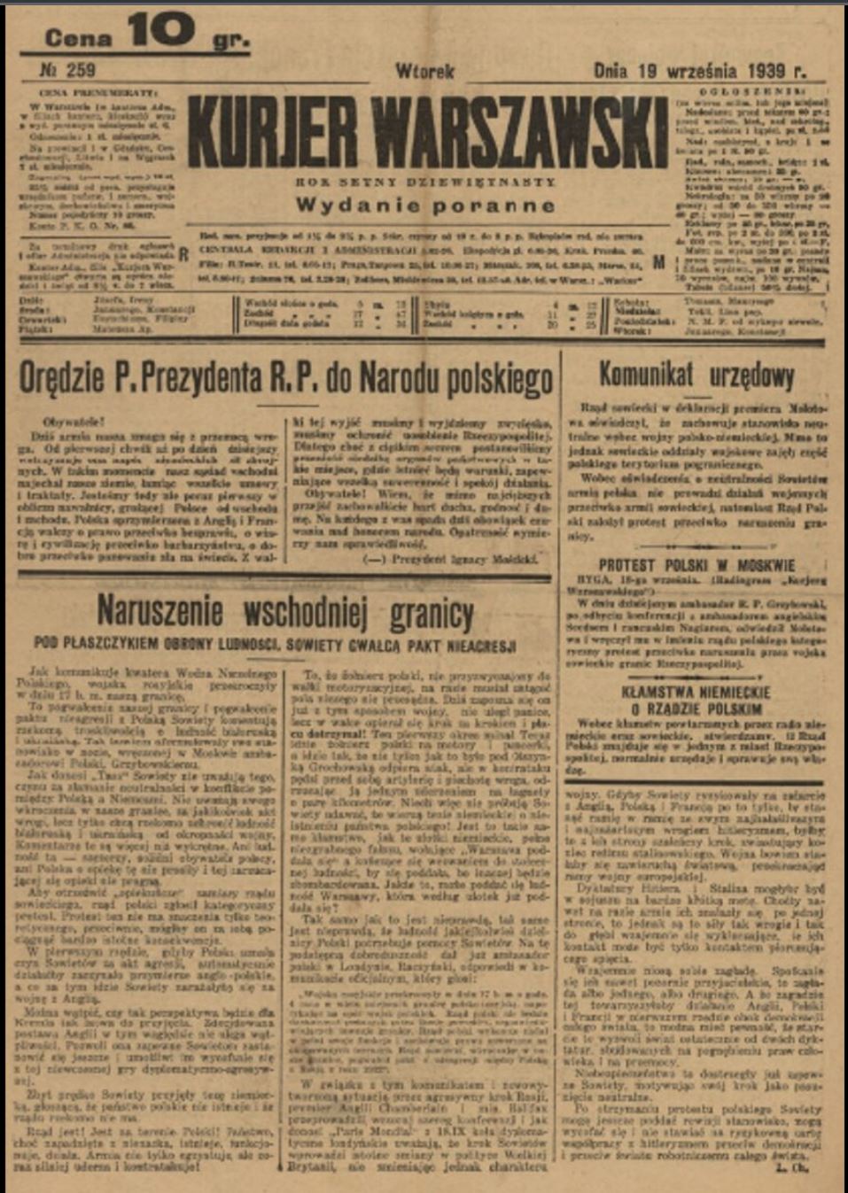 Newspaper Kurjer Warszawski of September 19, 1939