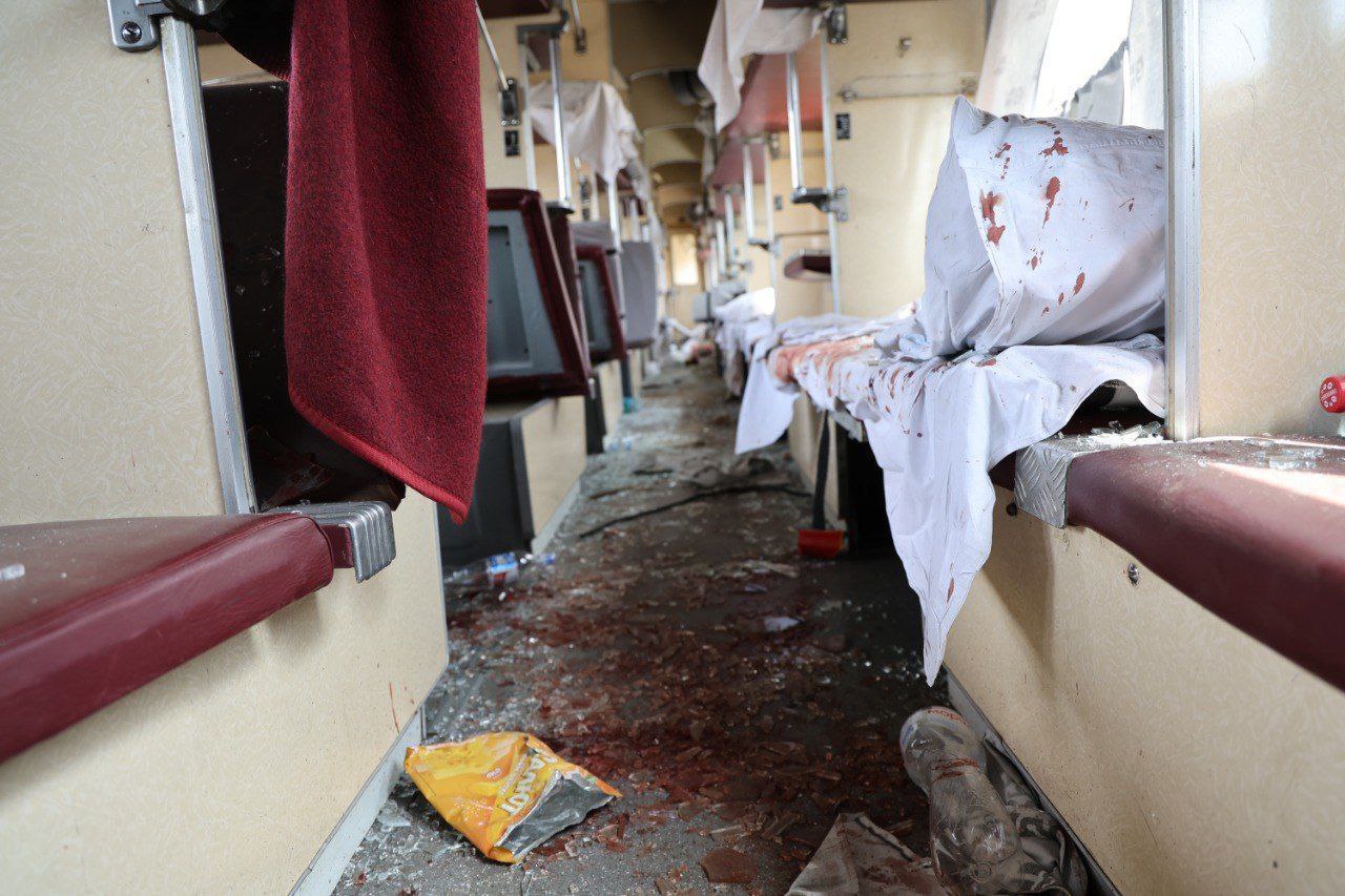 Inside of a passenger train in Dnipro damaged by a Russian missile strike on the city on June 24. Photo: Serhiy Lysak