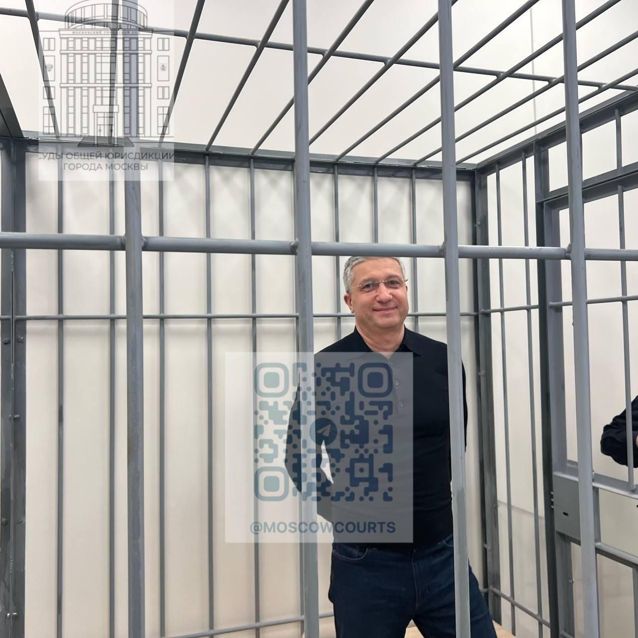 Russia's former Deputy Defense Minister Timur Ivanov, a longtime associate of current Security Council head Sergei Shoigu, awaits sentencing behind bars in a Moscow court. Photo: Courts of general jurisdiction of the city of Moscow (@moscowcourts / Telegram)