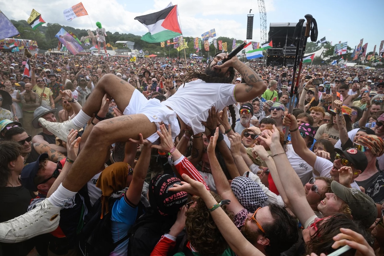 Bobby Vylan of the punk rap group Bob Vylan crowdsurfing during the Glastonbury music festival. Photo: Leon Neal / Getty Images