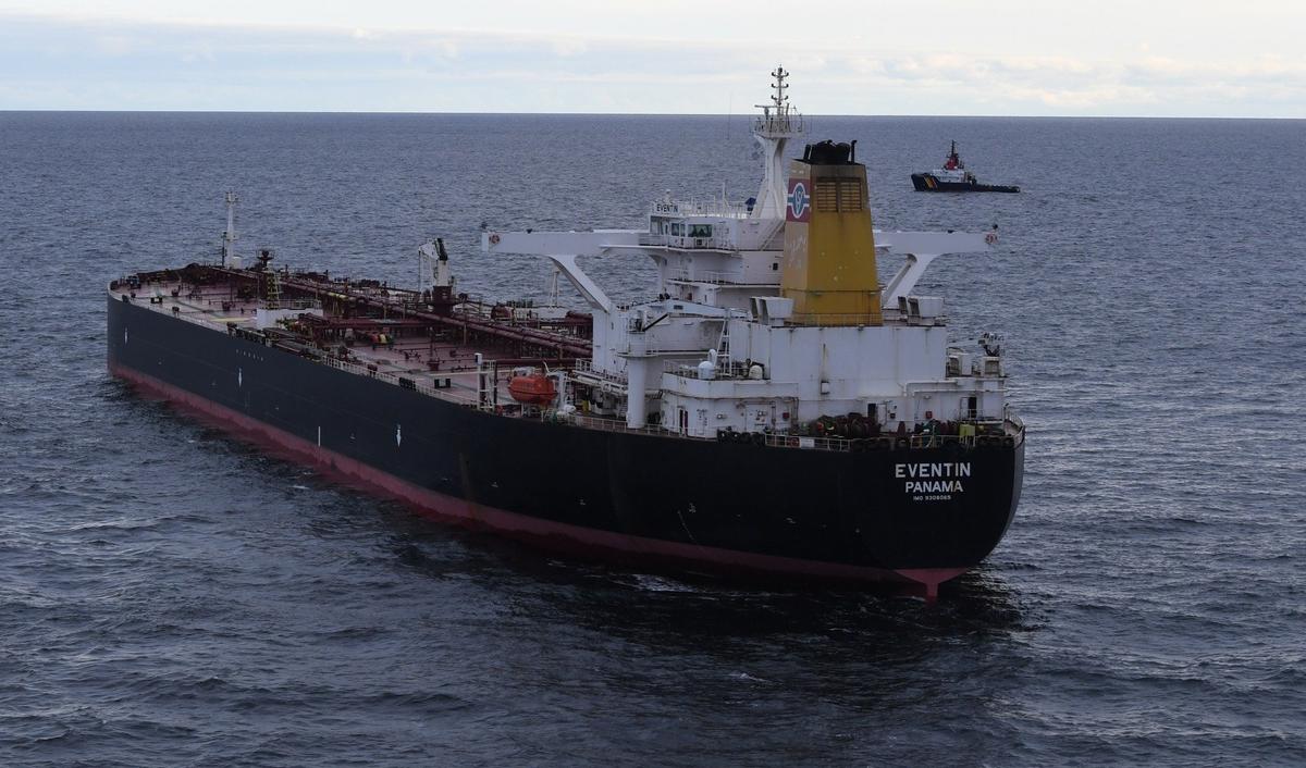 The Russian “shadow fleet” tanker Eventin was confiscated after drifting and being towed to anchorage off the German island of Rugen in March 2025. Photo: Central Command for Maritime Emergencies